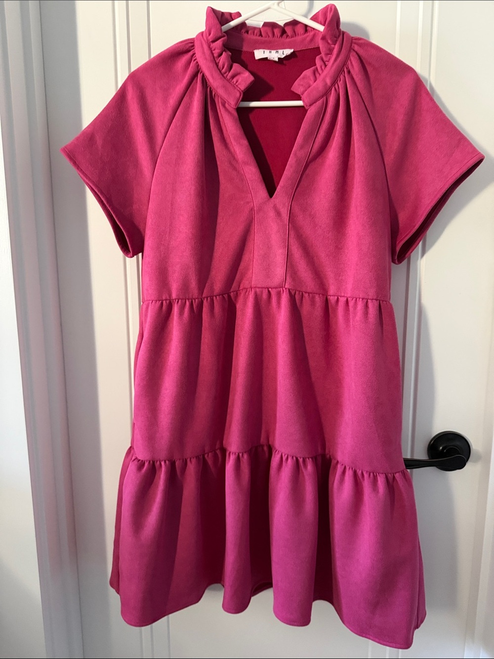 THML Pink Tiered Short Sleeve Dress in Faux Suede